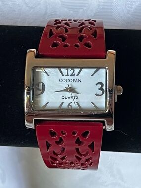 NWT Cocopan Red Laser-Cut Cuff Watch | Mother of Pearl Dial